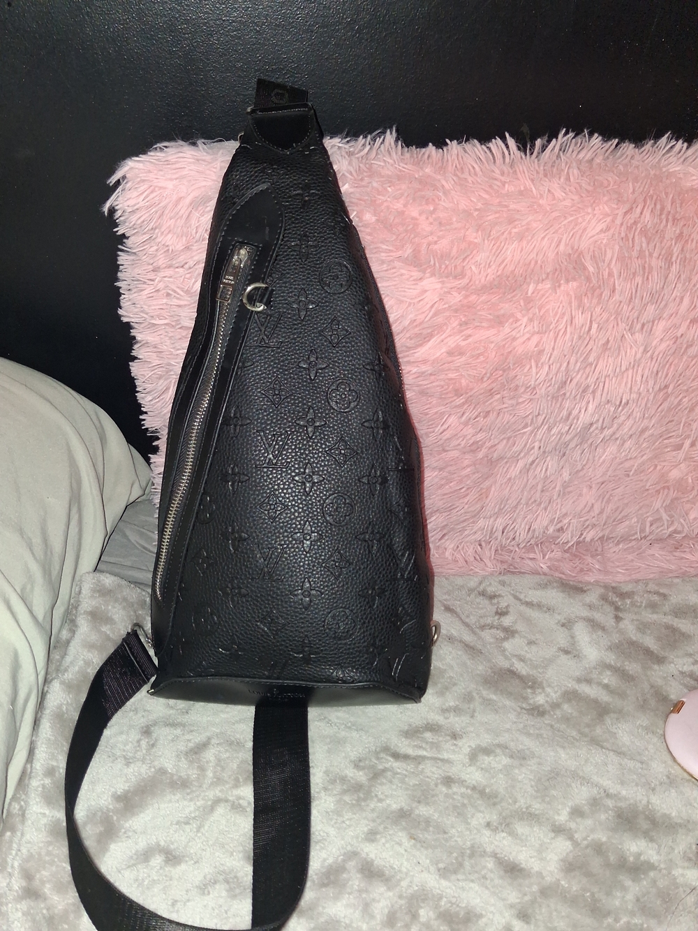 Black Embossed Leather Sling Bag - Men